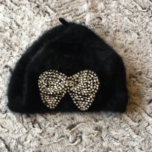 Betsy Johnson angora beanie with beaded bow